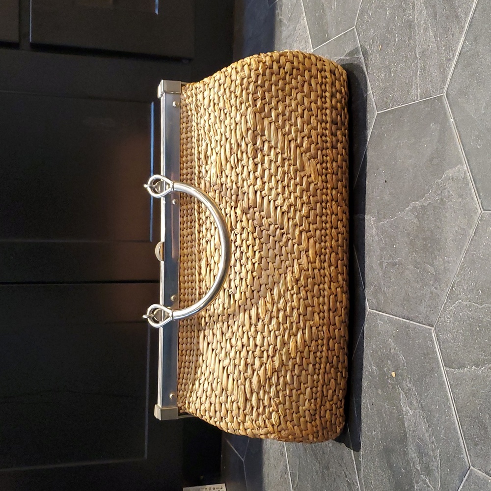 Rare Vintage Rattan Wicker 1960s Handbag w Chrome Frame & Large Top Handle 18 In